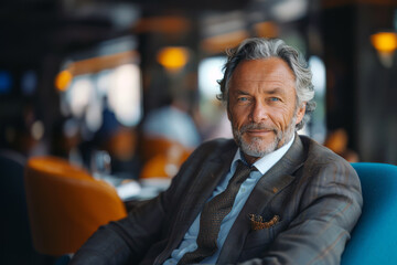 Obraz premium Portrait of confident successful businessman sitting in a luxurious conference room, engaged in a business meeting with partners