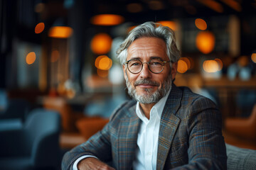 Fototapeta premium Portrait of confident entrepreneur in a tailored suit posing in a modern office lounge