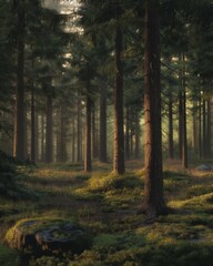 Obraz premium A tranquil forest bathed in golden sunlight that filters through the dense canopy of towering pine trees, illuminating the luscious undergrowth below
