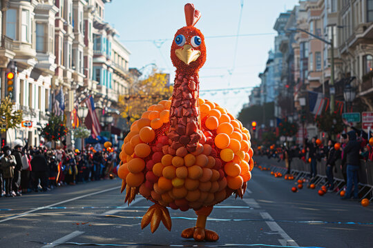 Giant inflatable turkey makes its way down a city street during a Thanksgiving parade. Spectators line the streets cheering and waving