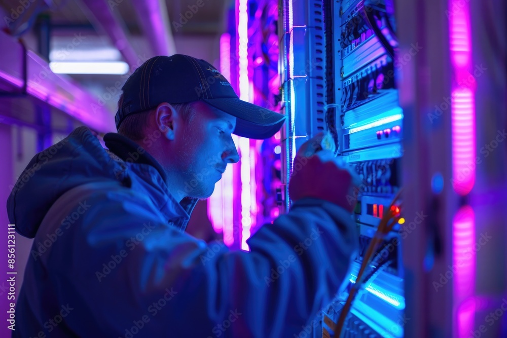 Aufkleber A person installing or maintaining computer equipment in a data center