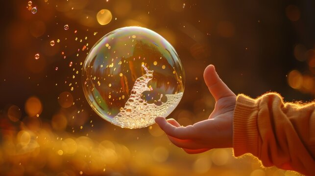 A child reaching out with a finger to pop a soap bubble floating in the air, captured at the exact moment of contact.