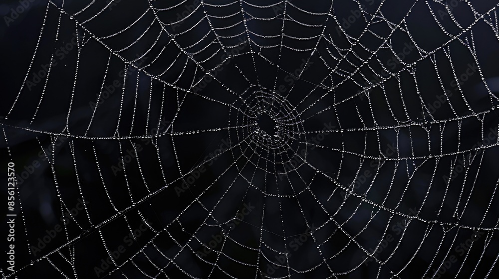 Poster A close-up view of a spider web covered in water droplets, great for use in science or nature related projects