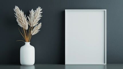 Naklejka premium Elegant mockup frame on a polished cabinet, dark wall background in a chic living room, ready to showcase your artistic work, modern and elegant decor setting