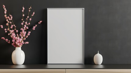 Empty mockup frame on a sleek cabinet, set against a dark wall in a chic living room, ready to showcase your artwork, elegant decor elements enhance the setting