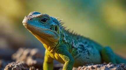Fototapeta premium Lizard shadow on green sheet close-up macro. Lizard and a flower on a beautiful soft turquoise and yellow background summer outdoors. Very nice stunning artistic image. Desktop wallpapers, postcard 