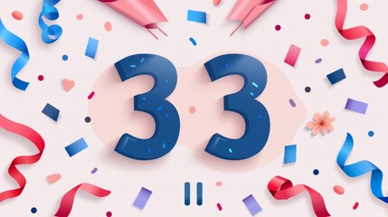 Flat design milestone digits, viewed from the top, celebrating with watercolor effects, using a triadic color scheme, surrounded by party elements like confetti and ribbons
