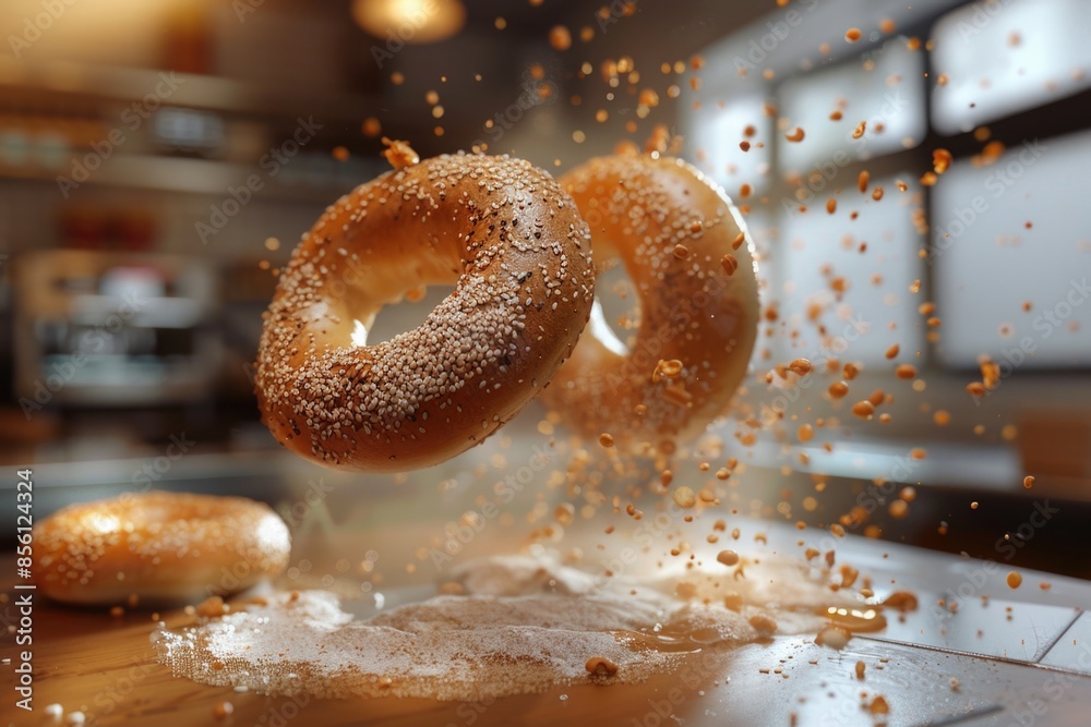 Aufkleber a whimsical scene featuring two doughnuts suspended in mid-air, ideal for use in advertising or edit