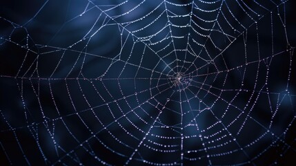 Close-up of water droplets on a spider web, great for macro photography or scientific illustrations