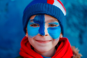 European football championship UEFA Euro 2024. a kid fan of the French soccer team with your faces painted with the colors of french team