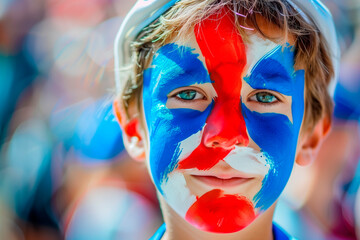 European football championship UEFA Euro 2024. a kid fan of the French soccer team with your faces painted with the colors of french team