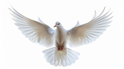 Obraz premium A white dove spreads its wings as it soars through the air, capturing a moment of freedom and beauty