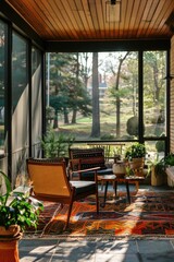 Fototapeta premium A patio with a couch, chairs, and a table, perfect for relaxation or socializing