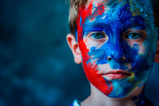 European football championship UEFA Euro 2024. a kid fan of the French soccer team with your faces painted with the colors of french team - Powered by Adobe