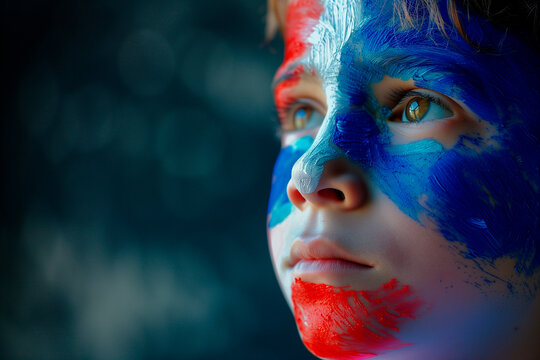 European football championship UEFA Euro 2024. a kid fan of the French soccer team with your faces painted with the colors of french team - Powered by Adobe