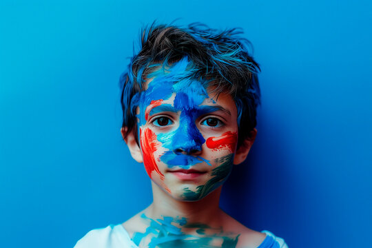 European football championship UEFA Euro 2024. a kid fan of the French soccer team with your faces painted with the colors of french team - Powered by Adobe