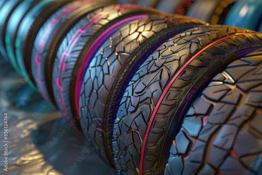 Aufkleber close-up shot of a row of tires on a table, often used in product photography or for displaying car 