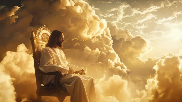 Jesus Christ sitting on a throne in heaven, surrounded by white clouds
