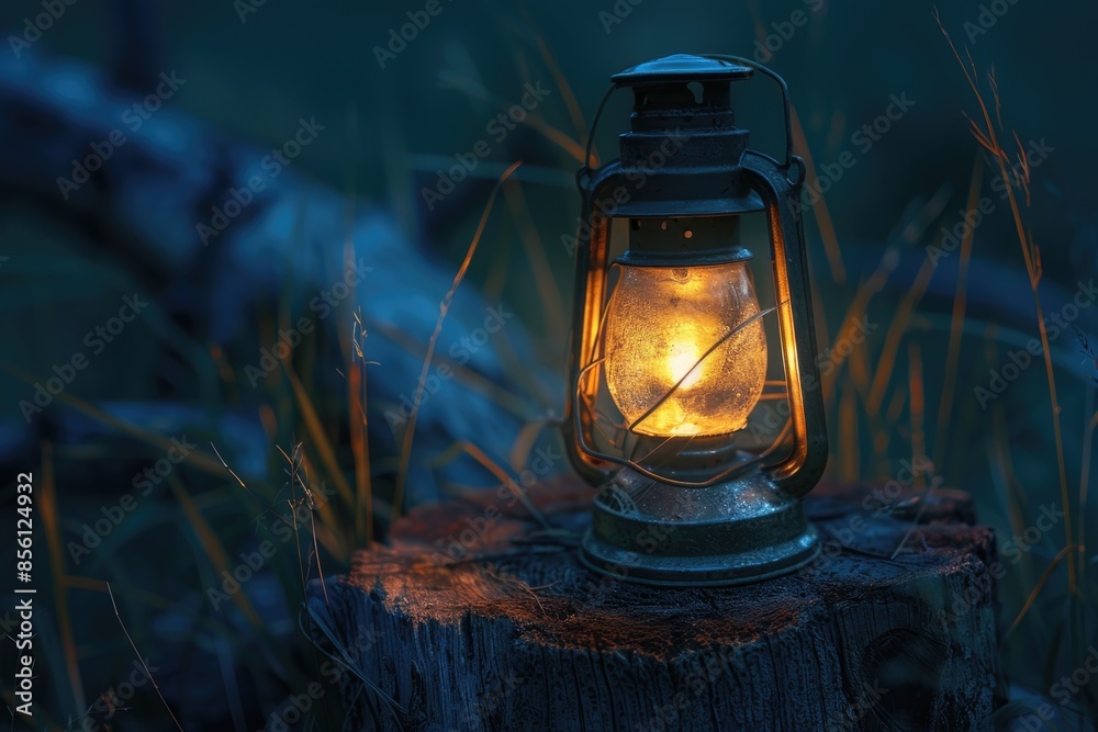 Poster a lone lantern sits atop a tree stump in the dark, illuminating the surrounding area