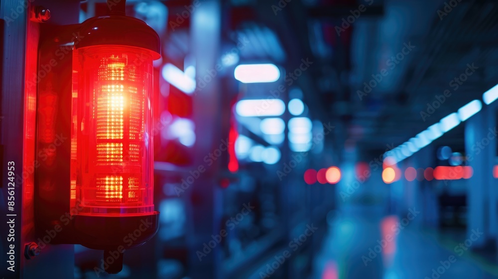 Poster A red traffic light hangs from the side of a building, potentially indicating an intersection or street level crossing