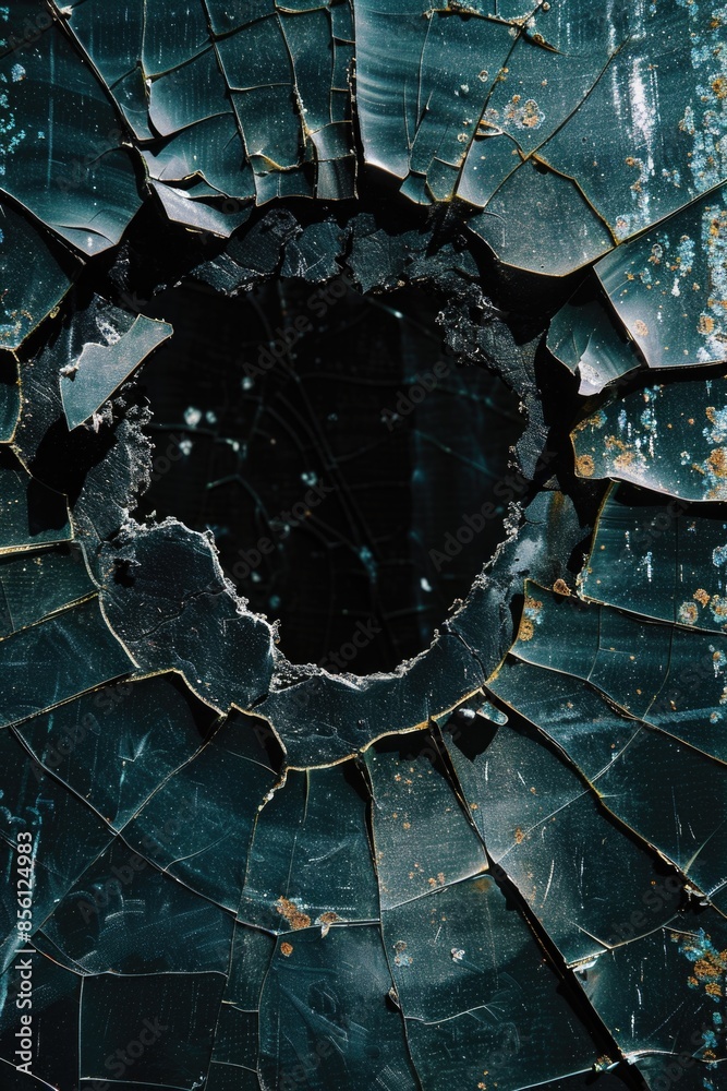 Poster a picture of a broken glass window with a hole in it