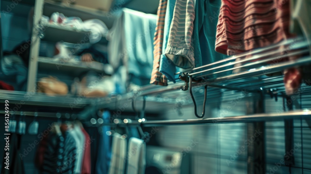 Poster a clothing rack with a pair of scissors hanging from it