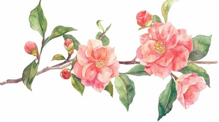 Hand drawn watercolor design featuring camellia flowers and buds