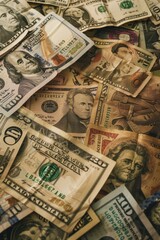 A stack of banknotes and coins on a table, suitable for financial or economic illustrations