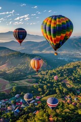 Aerial view of colorful hot air balloons soaring above a town, with buildings and trees in the background