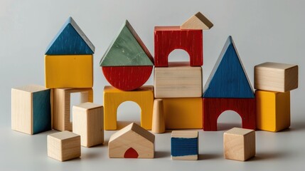 Children s wooden building blocks in various colors on a light gray surface Educational toy for construction and play
