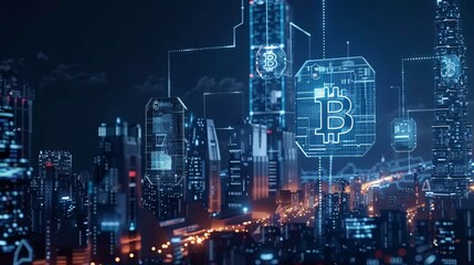 Blockchain technology network concept, showing a businessman clicking a computer mouse with a microcircuit icon, representing cryptocurrency and blockchain network connections.