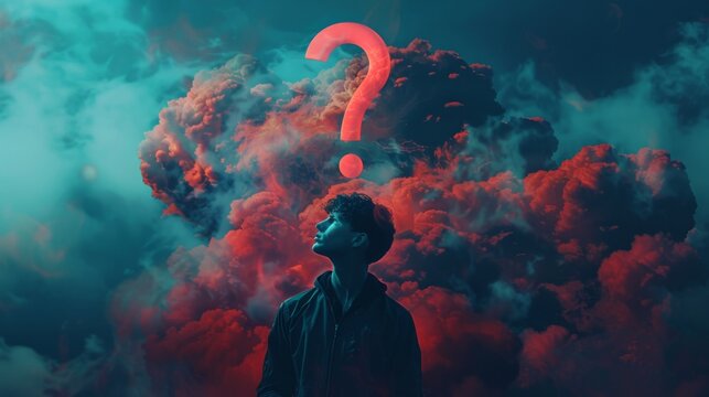 Contemplative man pondering life beneath a large red question mark in an atmospheric sky - Powered by Adobe