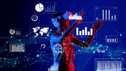 Woman with VR looking analyze world financial and business data graph report blue background changing upload global interface digital infographic network technology visual 3D animation. Hallucination.