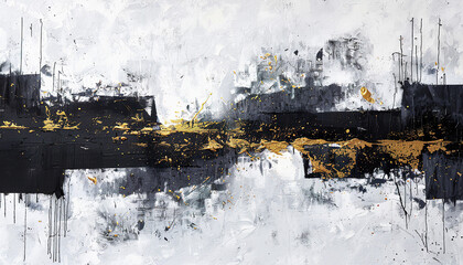 Abstract black, gold oil acrylic painting background wallpaper backdrop. Expressive art paint, flow, copy space, splatter, brush strokes, white, vivid bright colors