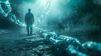 Blockchain technology concept with a diagram of a chain and encrypted blocks.