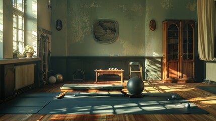 Sunlit yoga room with exercise equipment and wooden floor.