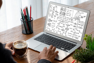 Mathematic equations and modish formula on computer screen showing concept of science and education
