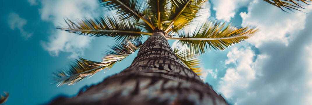 looking up at the top of a palm tree, in the style of focus stacking, zeiss batis 18mm f/2.8, traditional polynesian, beach, waves, textured compositions, havencore, delicacy of touch