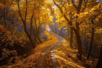 Naklejka premium Scenic forest road during autumn with golden leaves, winding through vibrant trees, perfect for nature, travel, and seasonal stock photography.