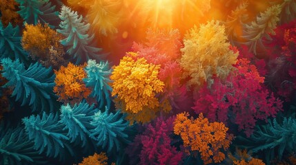 Obraz premium Vibrant aerial view of multi-colored forest, showcasing autumn foliage in warm sunlight, creating a vibrant and colorful nature scene.