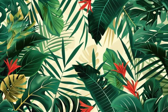 Fototapeta Botanical Pattern: Leafy Designs and Tropical Prints Featuring Vibrant Greenery - Seamless Background for Fashion and Decor