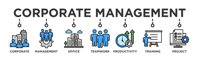 Corporate management banner web icon illustration concept with icon of corporate, management, office, teamwork, productivity, training and project