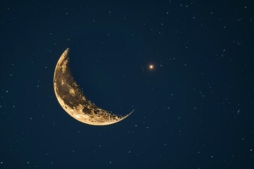 Naklejka premium A crescent moon hanging in a clear night sky with a single star shining brightly next to it. Minimalist design, 