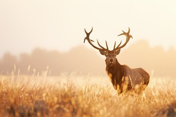 A lone, majestic stag standing in a field of tall grass at dawn. Minimalist design, photorealistic aesthetic. High-resolution photo background.