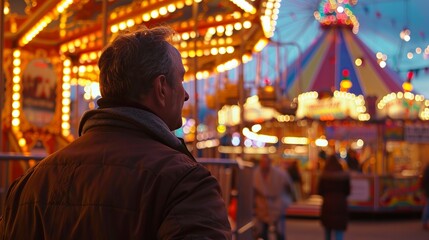 Obraz premium A man stands in front of a carnival with a carnival ride in the background