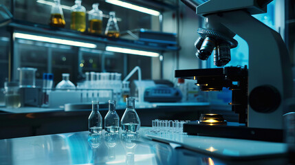 Fototapeta premium detailed view of a laboratory microscope with various glassware in the background, representing scientific research and experimentation. The lab is equipped and ready for discovery