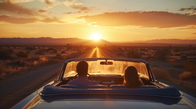 A couple is driving a convertible car on a road at sunset