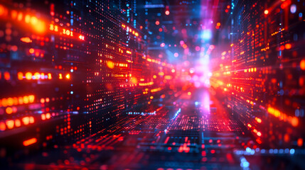 Fototapeta premium Digital Big Data Stream Background. Abstract image of a high-tech digital data stream in vibrant red and blue hues, representing fast data transfer and futuristic technology.