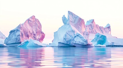 Obraz premium Stunning photo of icebergs with a pinkish hue reflected in the calm water, capturing the serene beauty of a polar landscape.