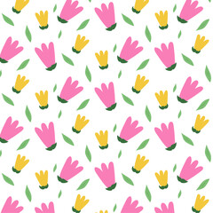 Seamless soft spring pattern with yellow, pink flowers, green leaves for wrapping, holidays, packaging, wallpapers, notebooks, fabrics